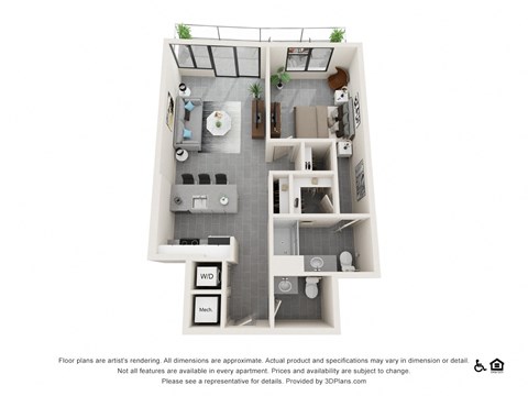 Floor plan for 1 bed, 1.5 baths, 808 sqft